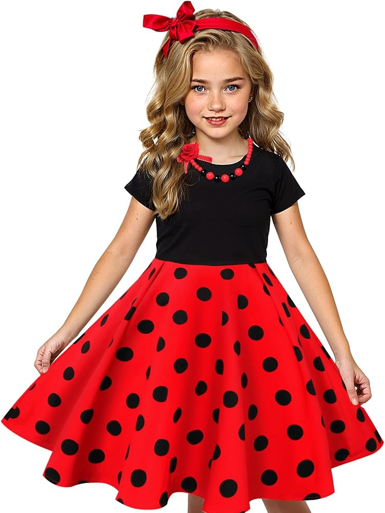 Tao-Ge Christmas Dresses for Girls Vintage Dress 50s 1950 Outfit Kids Girl Polka Dot Flower Check... | Amazon (US)
