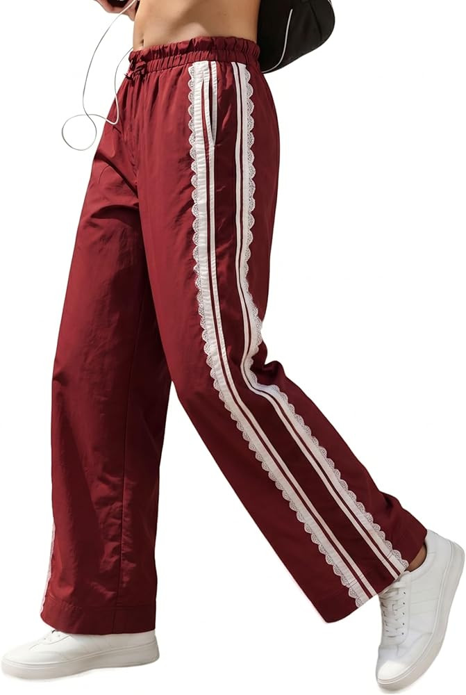 MINSURE Women's Baggy Wide Leg Track Pants Lace Side Stripe Elastic Waist Drawstring Hiking Pants... | Amazon (US)