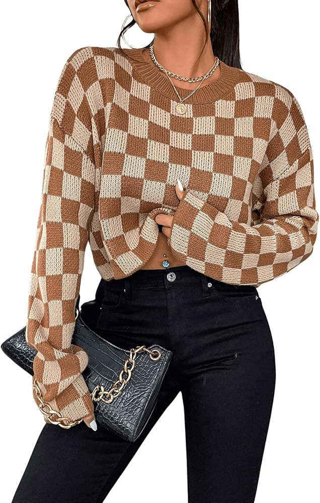 SOLY HUX Women's Checkered Sweater Long Sleeve Ribbed Knit Drop Shoulder Pullover Crop Tops | Amazon (US)