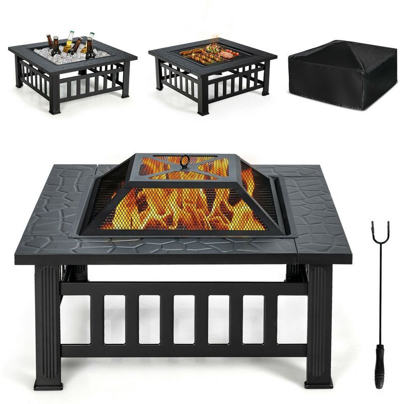 Costway 32'' 3 in 1 Outdoor Square Fire Pit Table W/ BBQ Grill, Rain Cover for Camping | Target