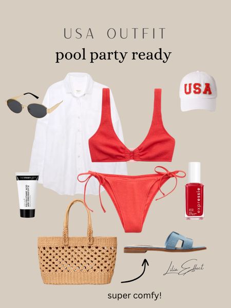 USA holiday outfit idea:
White shirt • oval sunglasses • red bikini • red nail polish • blue sandals • woven tote bag • sunscreen • 4th of July outfit • Memorial Day outfit • patriotic colors • red white and blue • pool party outfit 

#LTKFestival #LTKstyletip #LTKparties
