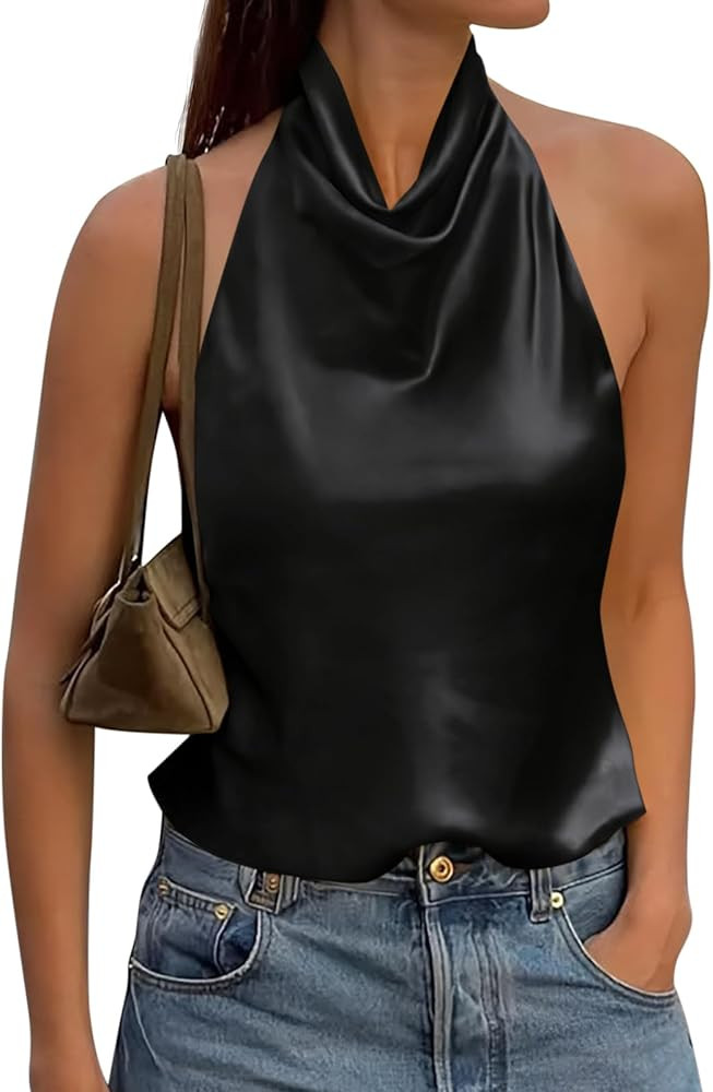 Cicy Bell Womens Satin Halter Tops Y2k Going Out Mock Neck Backless Tank | Amazon (US)
