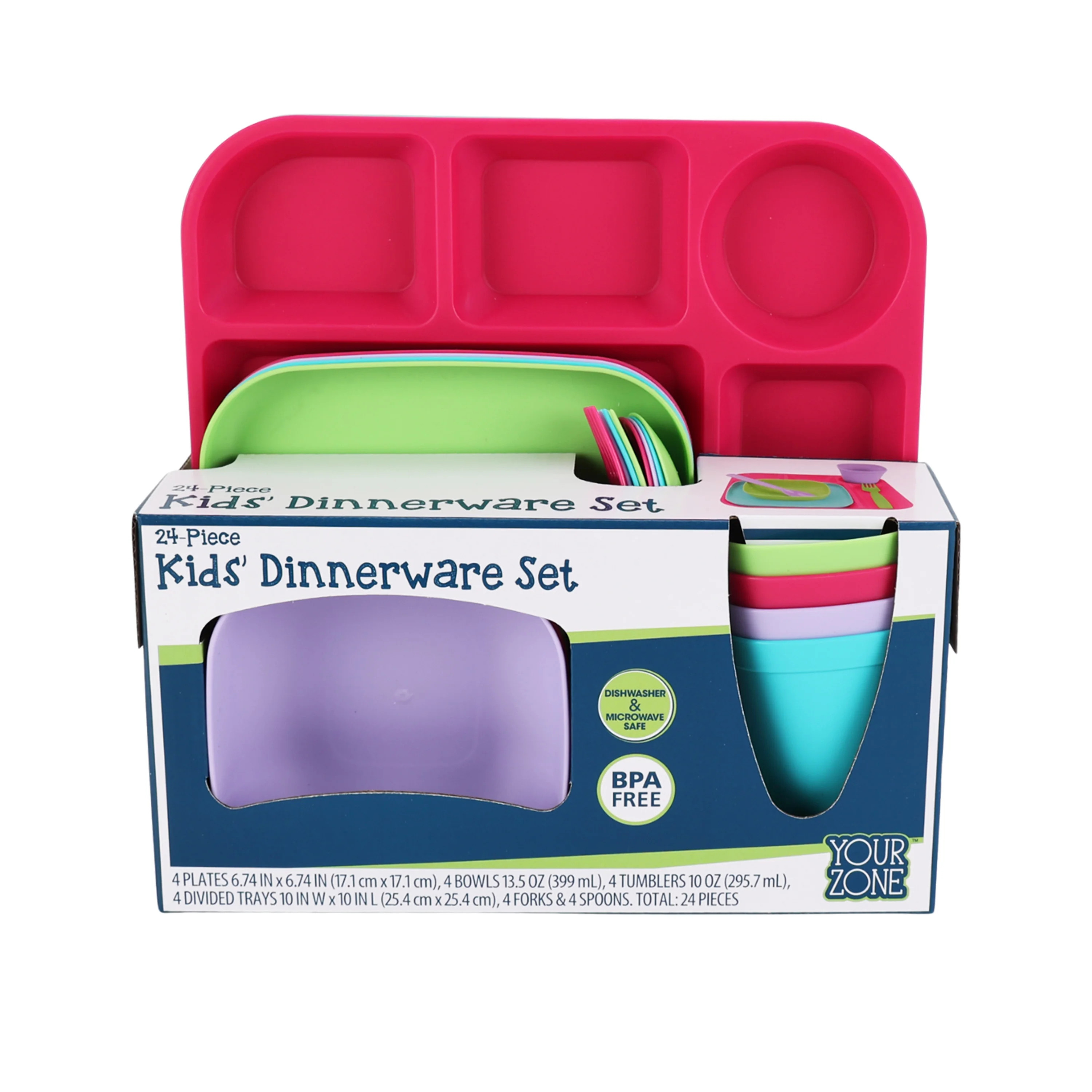 Your Zone 24-Piece Plastic Kids Dinnerware Set with 4 Trays, Bowls, Plates, Cups, Forks, Spoons i... | Walmart (US)