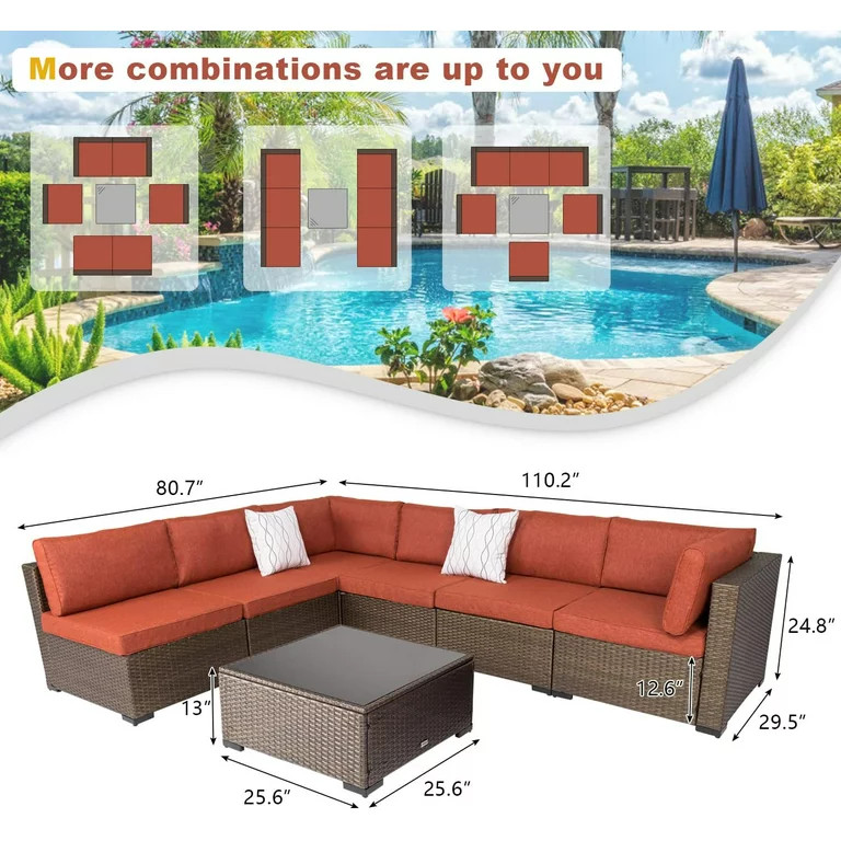 Kinbor 7pcs Outdoor Patio Furniture Set Wicker Sectional Sofa with Cushions, Maple Red | Walmart (US)