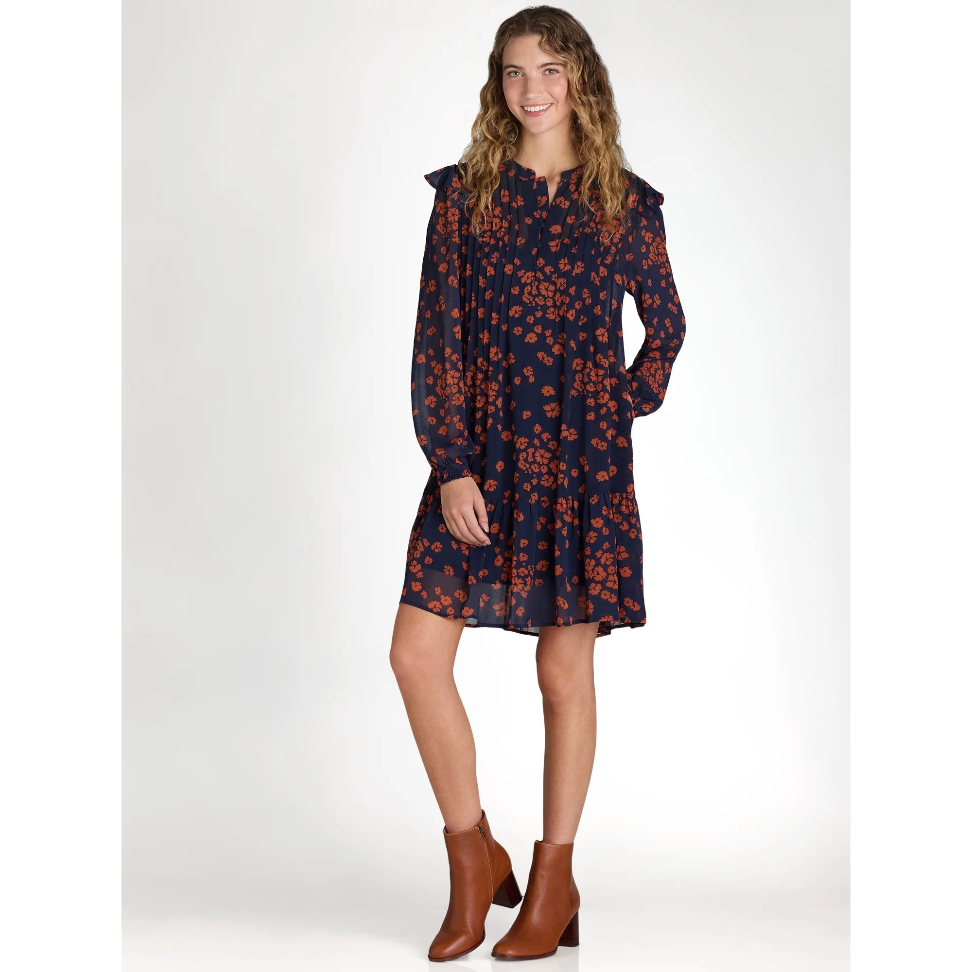 Time and Tru Women's Pintuck Mini Dress with Long Sleeves, Sizes XS-XXXL | Walmart (US)