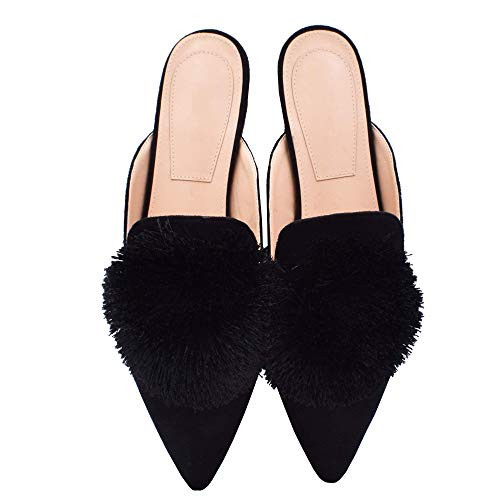 Fericzot Mules for Women,Slip On Backless Loafers Flats Puff Pompom Pointed Toe Casual Shoes Slippers Black 7.5 | Amazon (US)