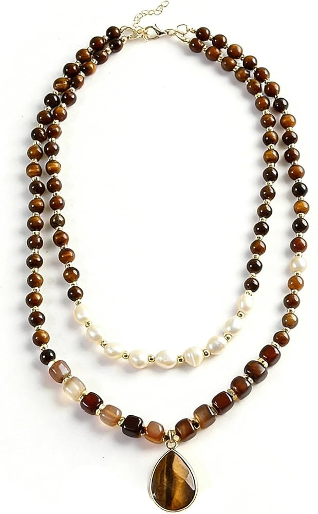 Yomisa 2/3/4 Layered Necklaces for Women,Boho Beaded Pendant Choker Necklaces,Multilayered Bohemian Layering Natural Rose Quartz Beads Labradorite Amazonite Necklace Handmade Trendy Jewelry Gift | Amazon (US)