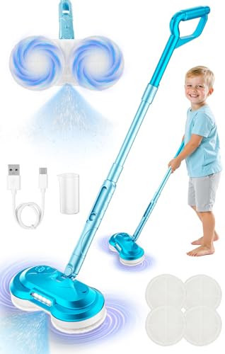 BLAXTEM Kids Electric Spray Spin Mop Toy, Rechargeable Cordless Electric Mop W/ LED Headlight & Water Sprayer for Children Boys & Girls, Cleaning Toy for Pretend Play (Light Blue) | Amazon (US)