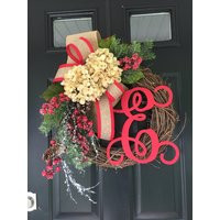 Winter Wreath -Christmas -Holiday -Wreaths -Flocked Evergreen Berry Hydrangea Burlap -Monogrammed - Wreaths | Etsy (US)