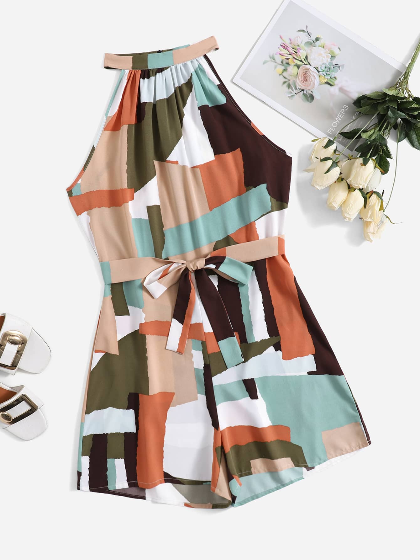 SHEIN Plus Colorblock Geo Print Belted Halter Romper | SHEIN