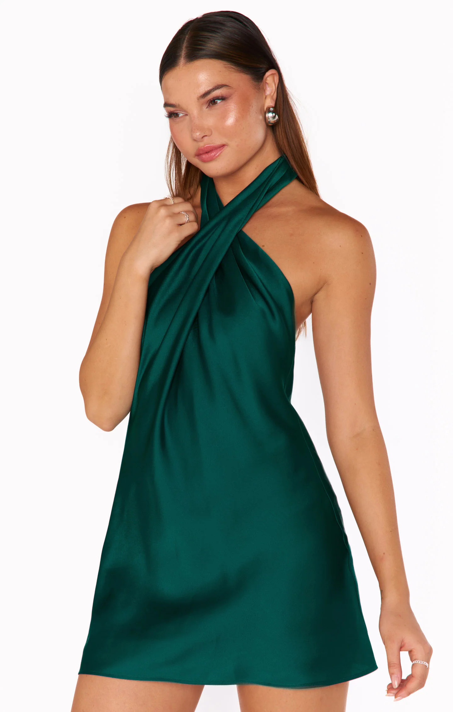 Jasmine Halter Mini Dress ~ Deep Emerald Luxe Satin | Show Me Your Mumu