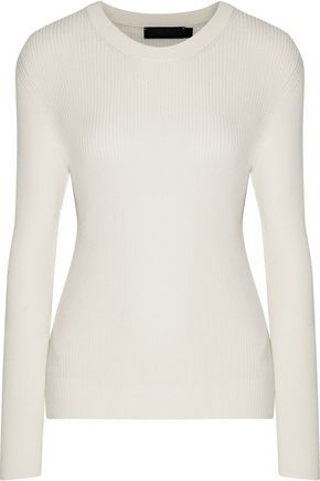 Calvin Klein Collection Woman Bobbie Ribbed Wool, Silk And Cashmere-blend Sweater Ecru Size L | The Outnet US