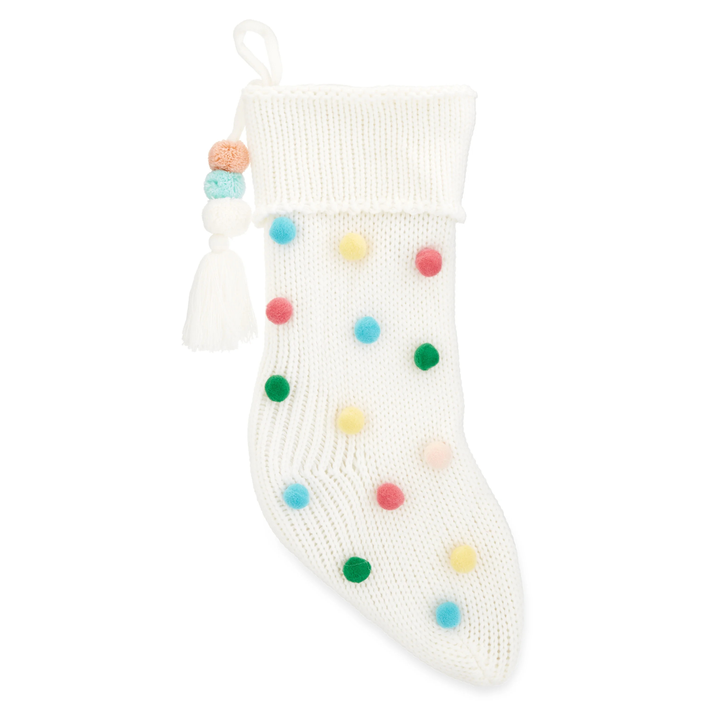 Holiday Time 20inch White with Colorful Poms Poms Knit Christmas Stocking - Walmart.com | Walmart (US)
