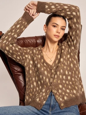 V Neck Spotted Fluffy Knit Cardigan | Commense
