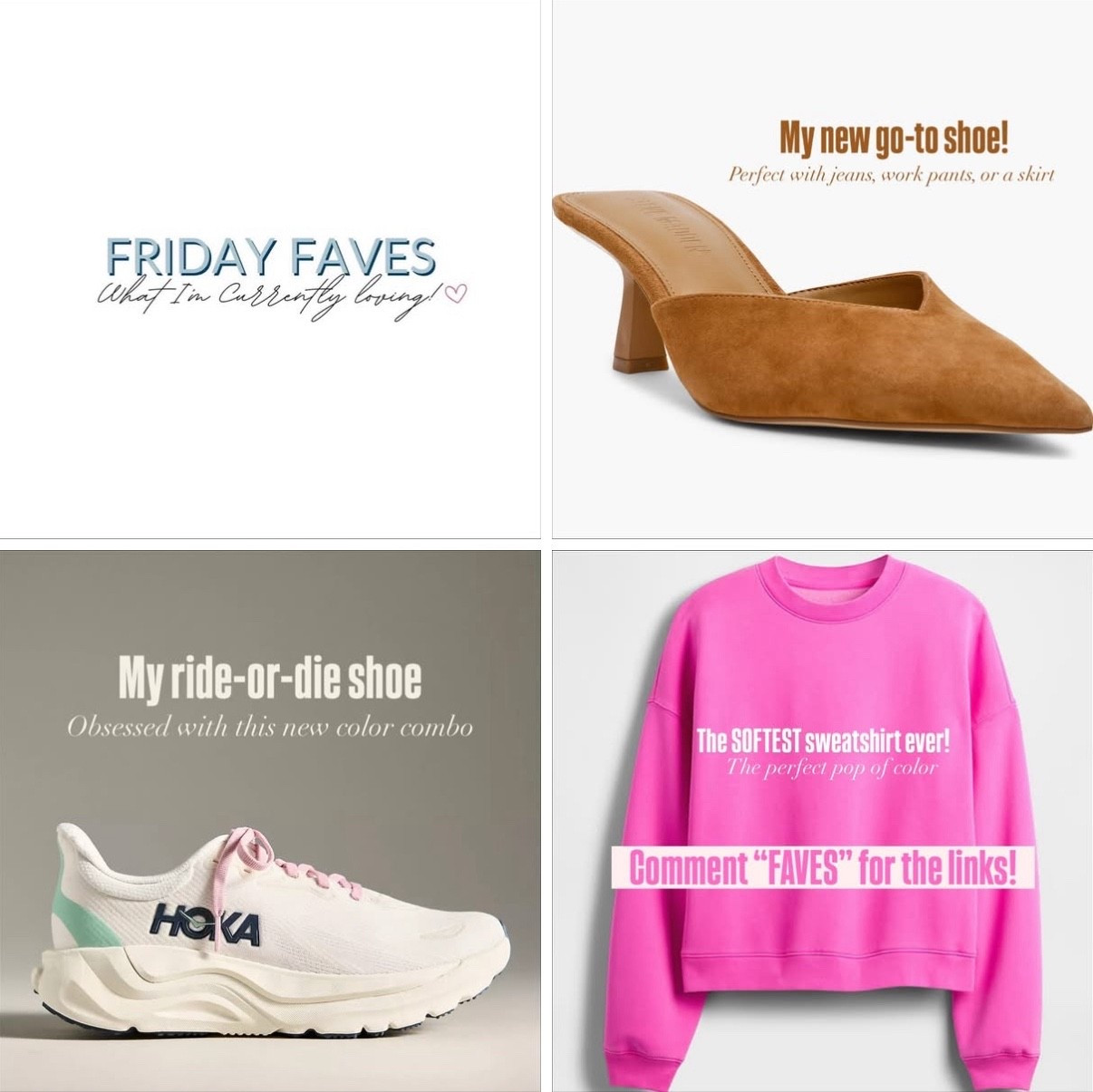 ✨ Friday FAVES ✨
Absolutely LOVING these this week 👇🏻

These suede mules — the perfect “elevated neutral.” Just enough heel to dress up jeans, workwear, or even a skirt — and so comfy.

Speaking of shoes… my Hokas. 🩵 I live in them for walks + workouts and I’ve got my eye on this new pair next!

And this sweatshirt? Found it back at my old stomping grounds (hello, high school!). It’s the softest thing ever and this pink just makes me happy.

#FridayFaves #AmazonFinds #FallStyle #ComfortAndConfidence #OOTD #40PlusStyle

#LTKFindsUnder100 #LTKWorkwear #LTKActive