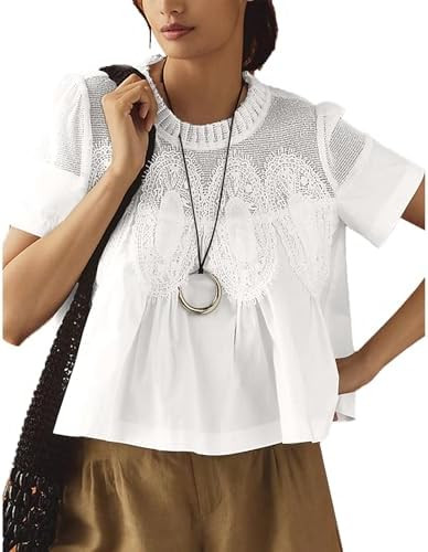 Women's Elegant Babydoll Style Lace Shirt Flared Swing Top with Sheer Mesh Lace Back Tunic Top | Amazon (US)