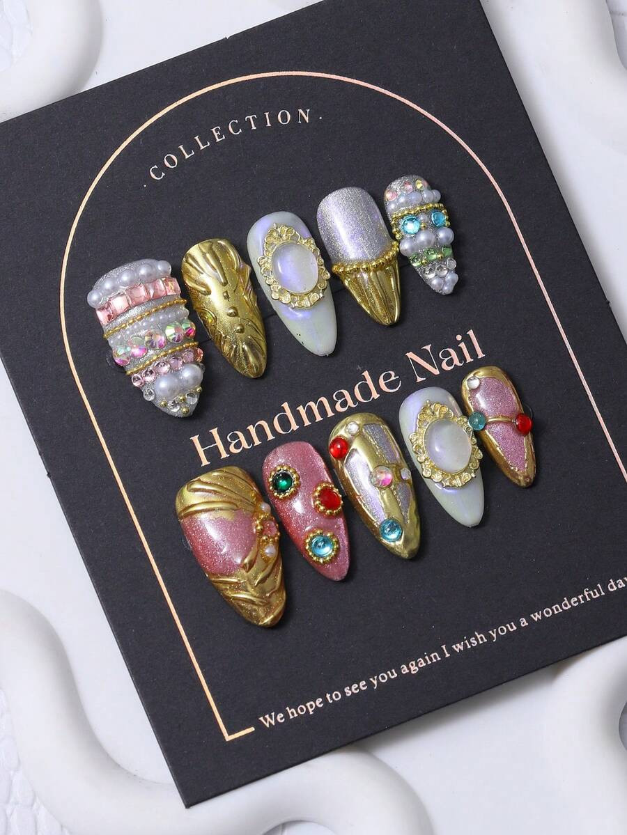 10pcs/Set Handmade In Europe And America, Almond-Shaped Nail Stickers With Y2K Golden Luxury Styl... | SHEIN