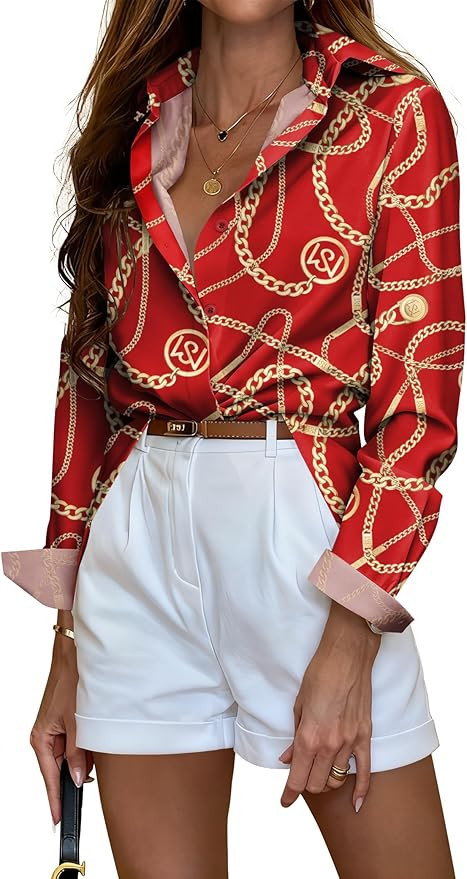 Sarin Mathews Button Down Shirts for Women Dressy Casual Long Sleeve Blouses Printed Collared Bus... | Amazon (US)