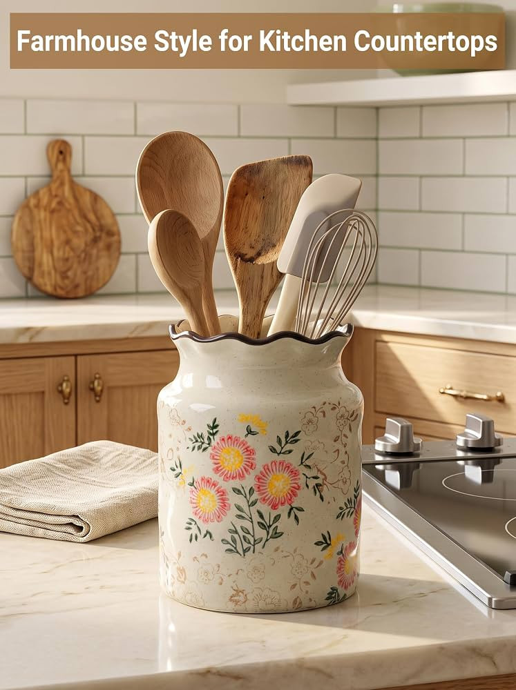 Ceramic Utensil Holder for Kitchen Counter, Farmhouse Kitchen D\u00e9cor | Amazon (US)