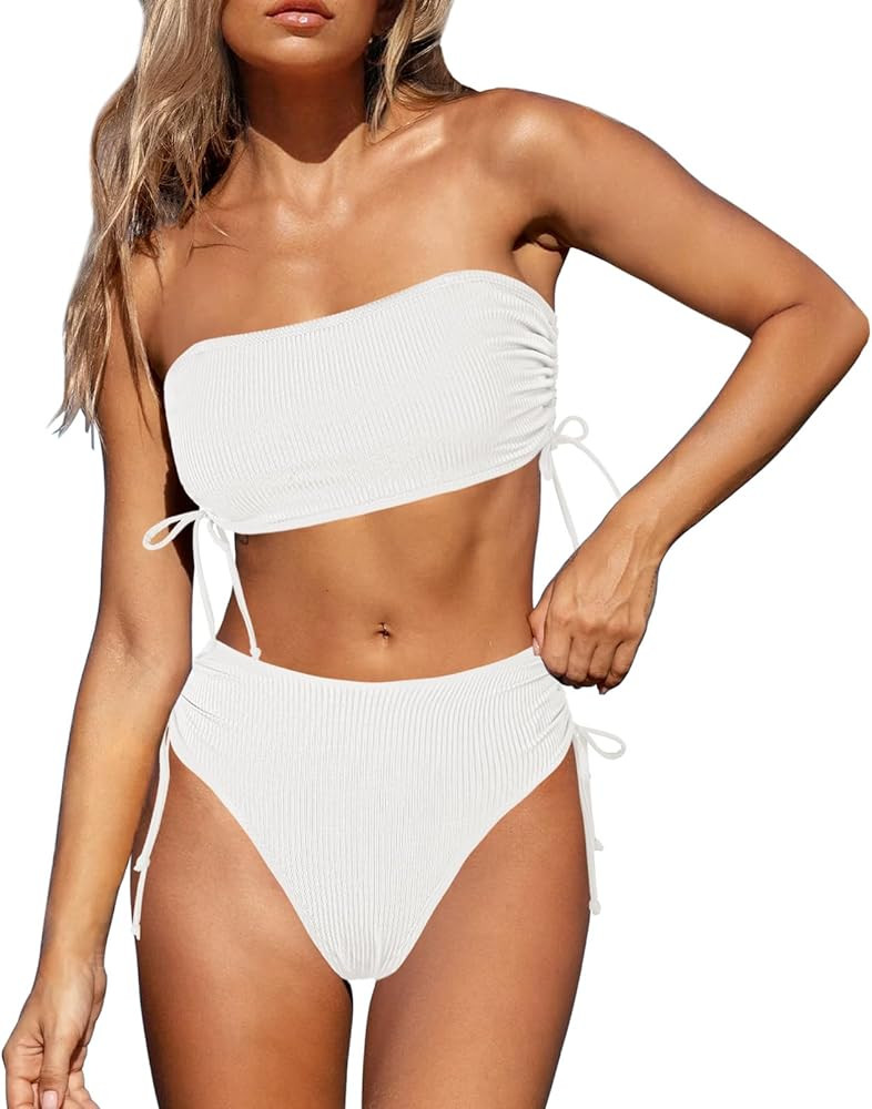 Pink Queen Women's 2 Piece High Waisted Bikini Sets Ribbed Bandeau Ruched Drawstring Swimsuit Bat... | Amazon (US)