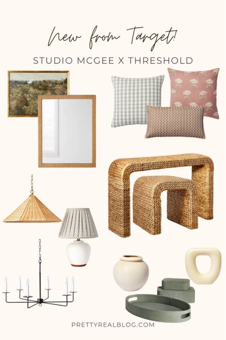 New studio McGee x threshold at target! Woven console, woven side table, woven mirror, wall art, rattan pendant, lamp with pleated shade, block print pillows, white teak shelf styling object, black linear chandelier 

#LTKhome #LTKunder100