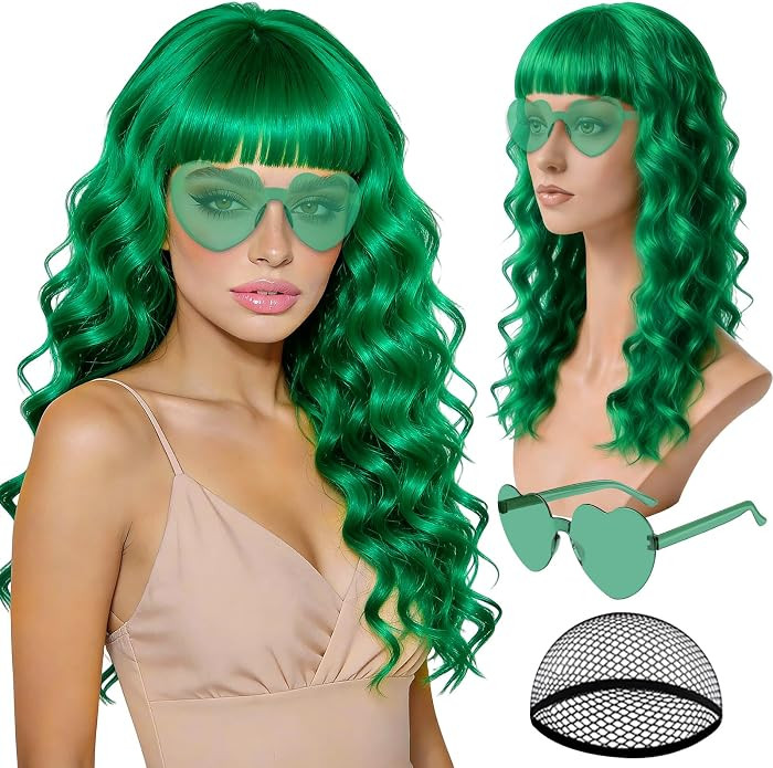 Green Wave Wig for Women with Heart Sunglasses for Women, Neon Long Curly Wigs with Hair Cap Colo... | Amazon (US)