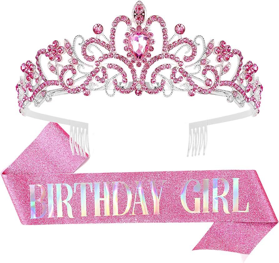 COCIDE Birthday Girl Sash & Rhinestone Tiara Set Silver Birthday Sash and Tiara for Women Birthda... | Amazon (US)
