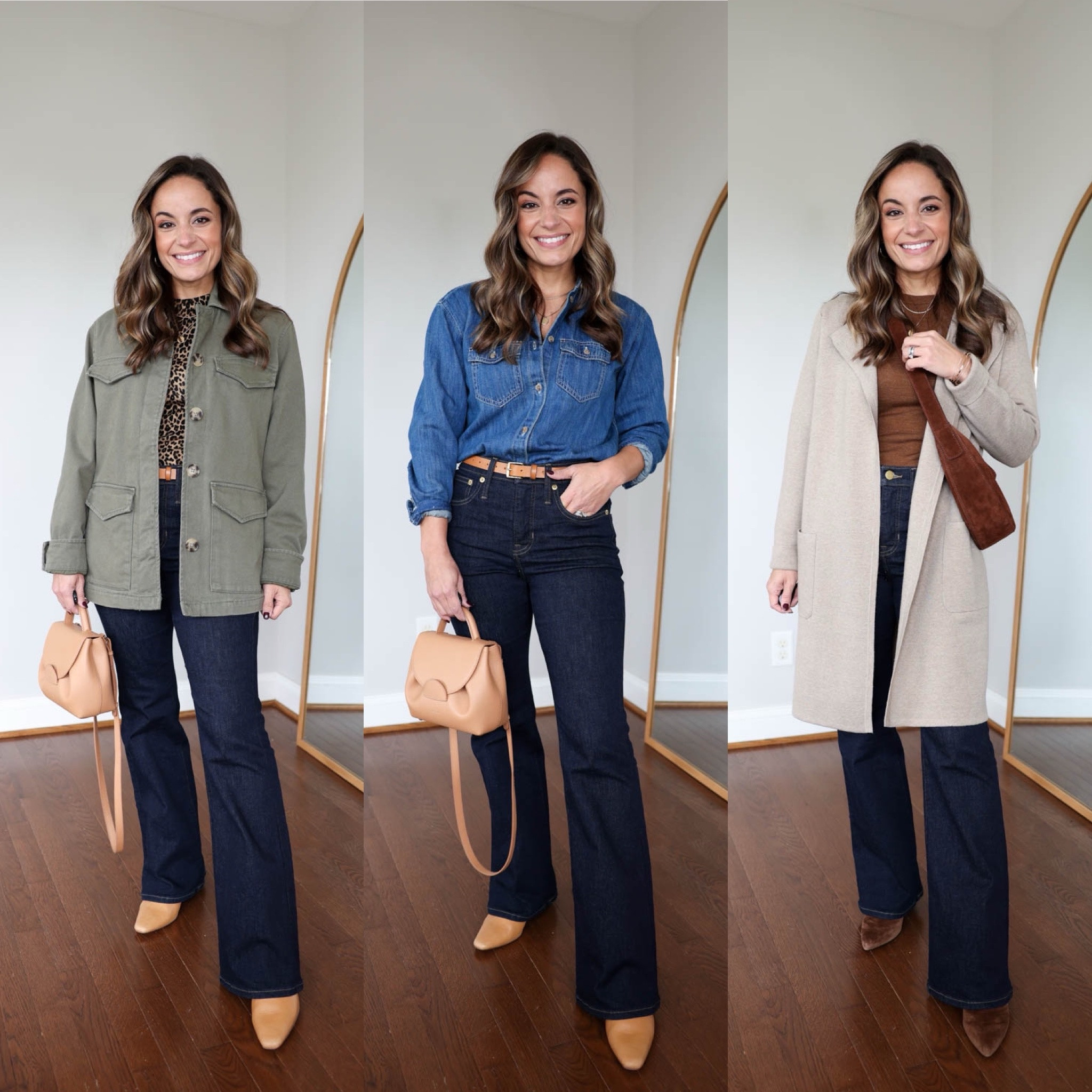 2024 fall casual capsule series: bootcut jeans 

Leopard sweater (j.crew): xxs 
Brown sweater (j.crew): xxs 
Olive jacket (Abercrombie): xxs 
Denim shirt (j.crew): petite xxs 
Long cardigan (j.crew): xxs in Heather Birch 
Bootcut jeans (j.crew): petite 24 
Unable to link tan bag - it’s from Polene, the un nano 



My measurements for reference: 4’10” 105lbs bust, waist, hips 32”, 24”, 35” size 5 shoe. 25” inseam measurement to my ankle bone.
