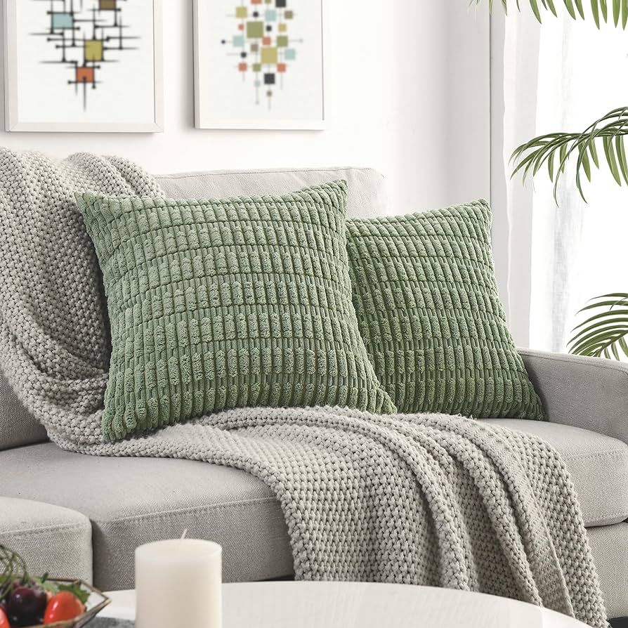 Volcanics Pack of 2 Sage Green Decorative Throw Pillow Covers 18x18 Inch, Soft Corduroy Striped S... | Amazon (US)