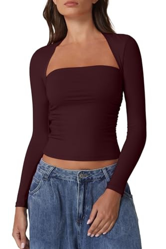 QINSEN Slim Fit T Shirt for Women Soft Breathable Square Neck Side Ruching Stylish Crop Tops Burgundy XS | Amazon (US)