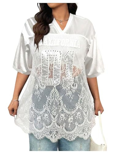 SOLY HUX Women's Plus Size Jersey Shirts Lace Sheer V Neck Half Sleeve Number Graphic Tees Casual T Shirt White Letter XX-Large Plus | Amazon (US)