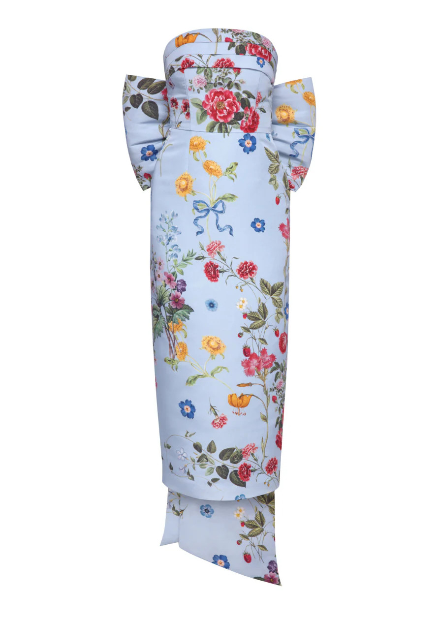 Margaret Sky Floral Silk Faille Midi Dress in Blue | Over The Moon