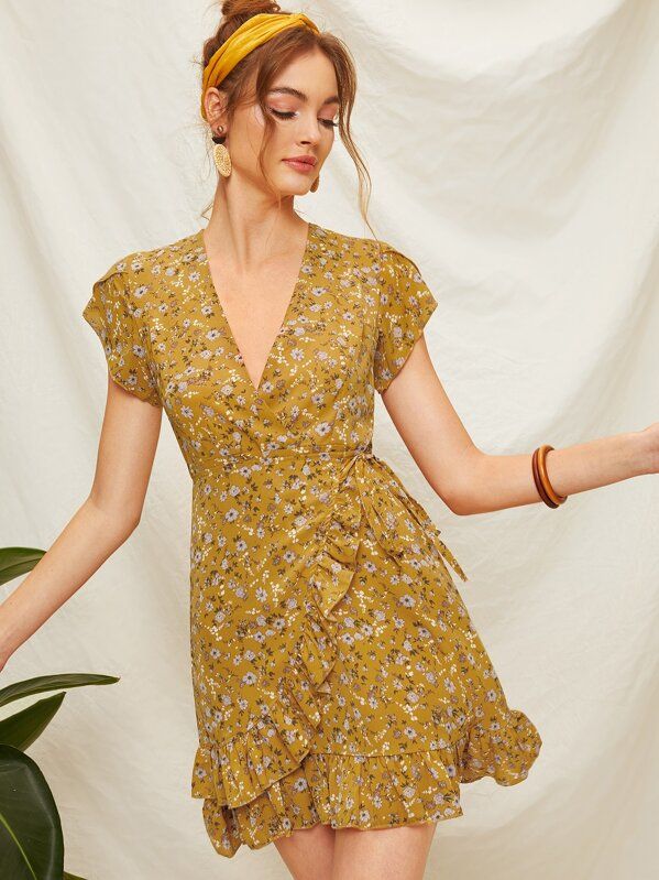 Ruffle Trim Calico Print Wrap Dress | SHEIN