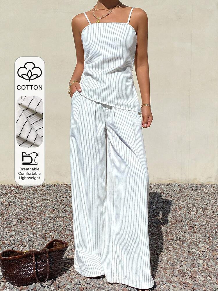 DAZY Women's Striped Camisole Top And Loose Pleated Wide Leg Pants Vacation Style Denim Set | SHEIN