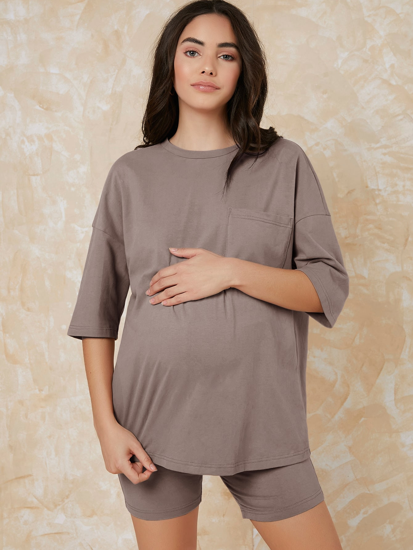 SHEIN BASICS Maternity Pocket Patched Drop Shoulder Tee and Legging Shorts PJ Set | SHEIN