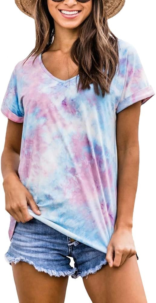 BRUBOBO Womens Summer V Neck T Shirts Cute Short Sleeve Tie Dye Casual Tops Tees | Amazon (US)