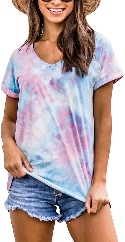 BRUBOBO Womens Summer V Neck T Shirts Cute Short Sleeve Tie Dye Casual Tops Tees | Amazon (US)