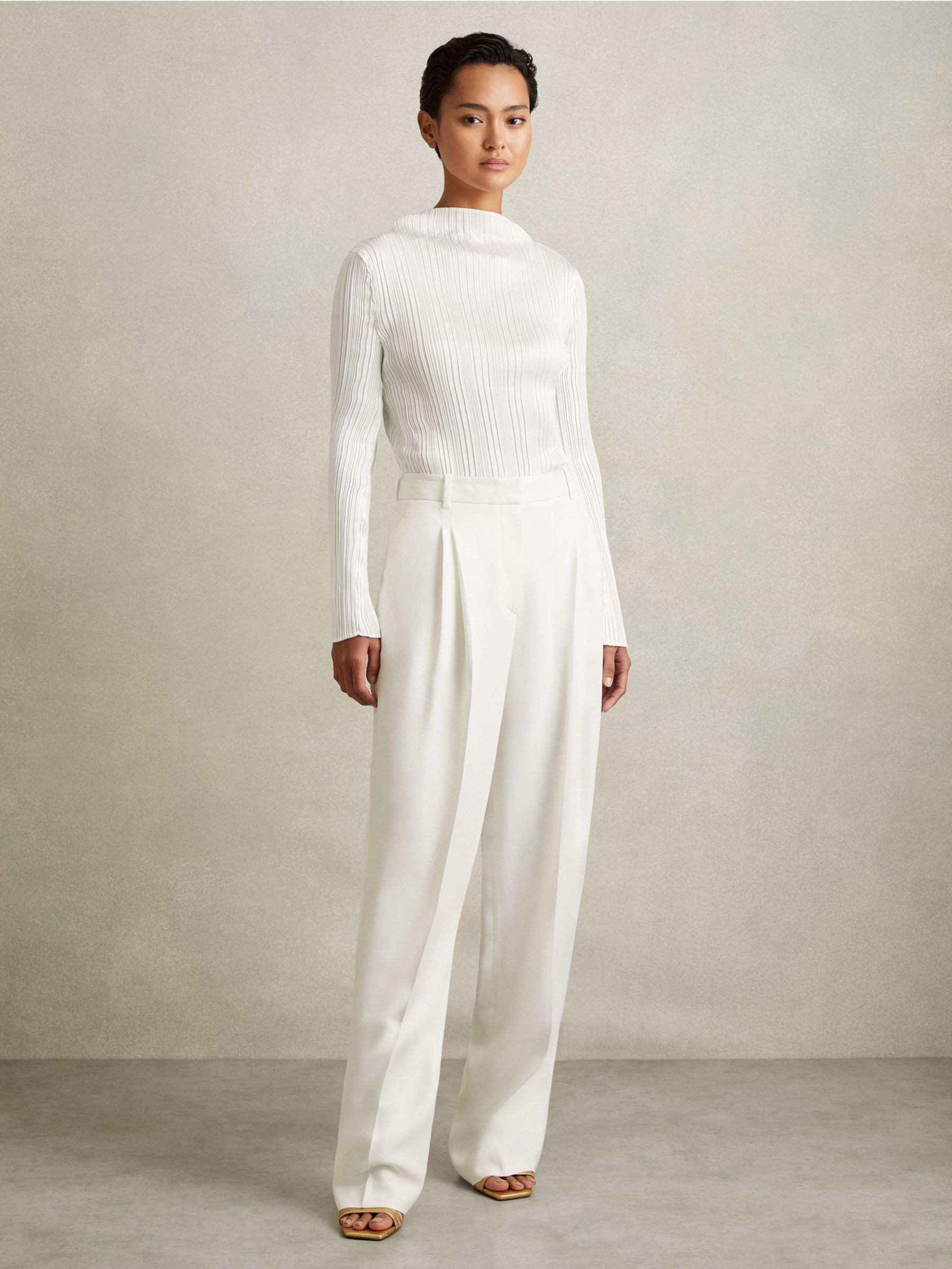 Reiss Double Pleat Wide Leg Tux Trousers in Cream - REISS | Reiss UK