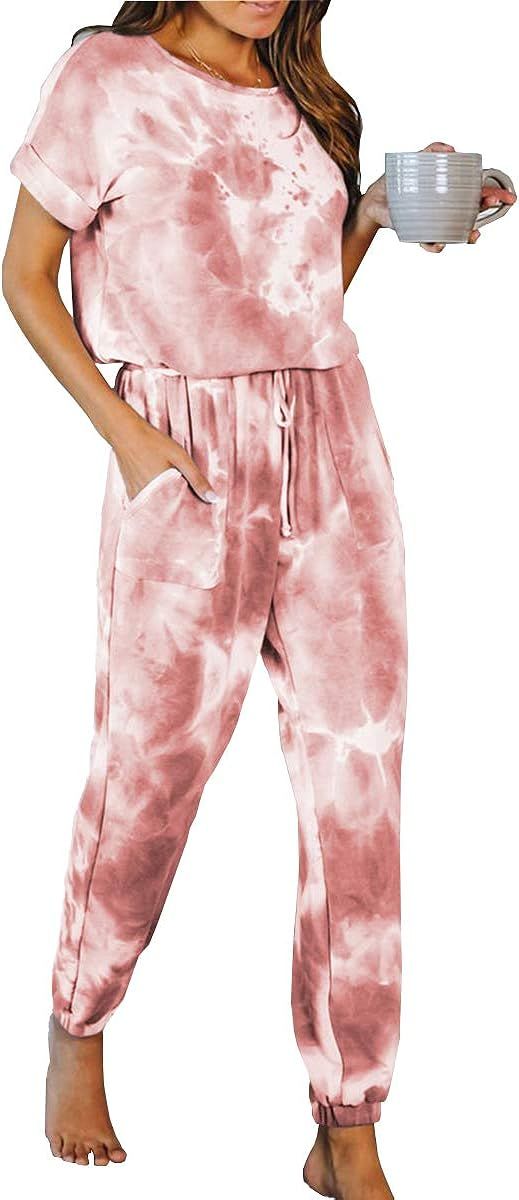 Womens Tie Dye Printed Short Sleeve Tops and Pants Long Pajamas Set Joggers 2 Piece PJ Sets Night... | Amazon (US)