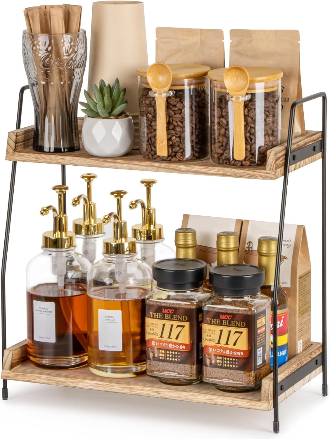 ANBOXIT Countertop Coffee Station Organizer, 2 Tier Wooden Shelf | Amazon (US)