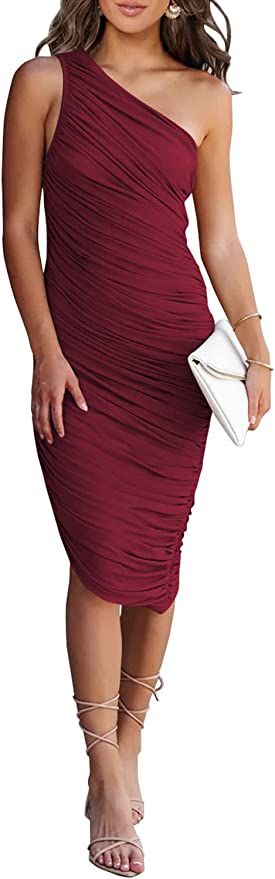 PRETTYGARDEN Women's Ruched Bodycon Dress One Shoulder Sleeveless Party Cocktail Midi Pencil Dres... | Amazon (US)