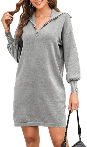 Dokotoo Womens Casual Turn Down Collar Zip Up Long Sleeve Ribbed Knit Loose Fit Tunic Mini Sweate... | Amazon (US)