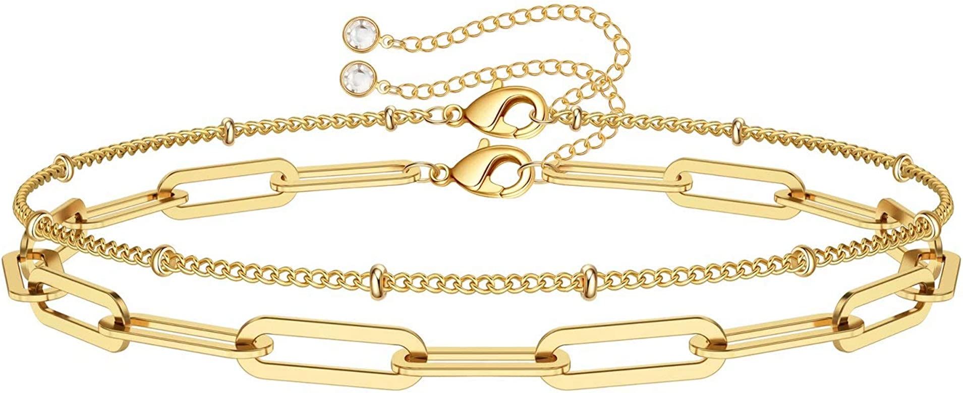 Dainty Gold Bracelets for Women, 14K Gold Filled Adjustable Layered Bracelet Cute Evil Eye Oval C... | Amazon (US)