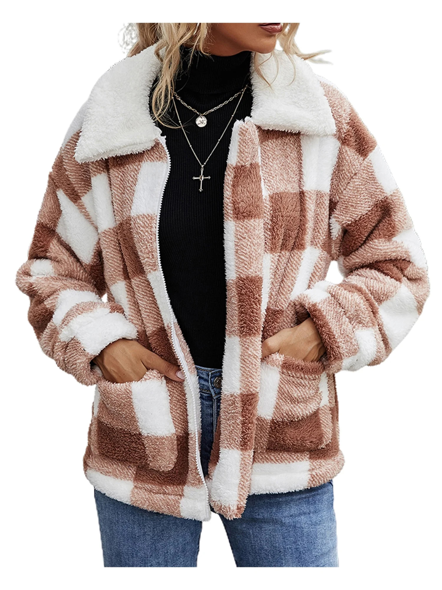 Women Fuzzy Fleece Plaid Print Jackets Long Sleeve Lapel Button Coats Fall Winter Tops | Walmart (US)