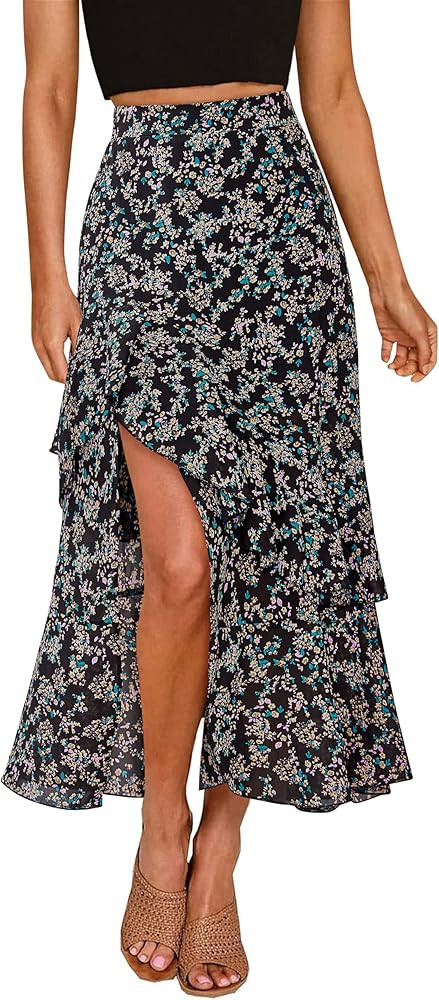 BTFBM Women 2025 Summer Fall Boho Long Skirts Dress Floral Print Elastic Waist Split Ruffle High ... | Amazon (US)