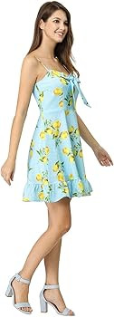Allegra K Women's Ruffle Bow Knot Mini Sundress Lemon Spaghetti Strap Dress | Amazon (US)