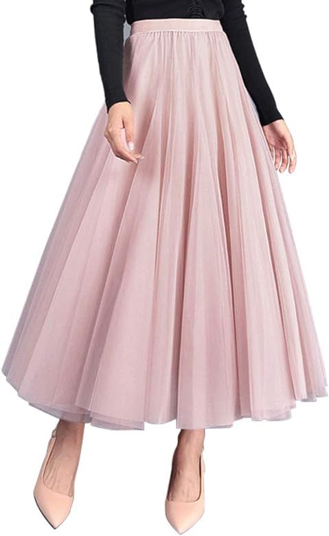 Tulle Skirts for Women Pleated Layered Tutu Skirt Ladies Elegant Flowy Long Skirts Bridesmaid Wed... | Amazon (US)