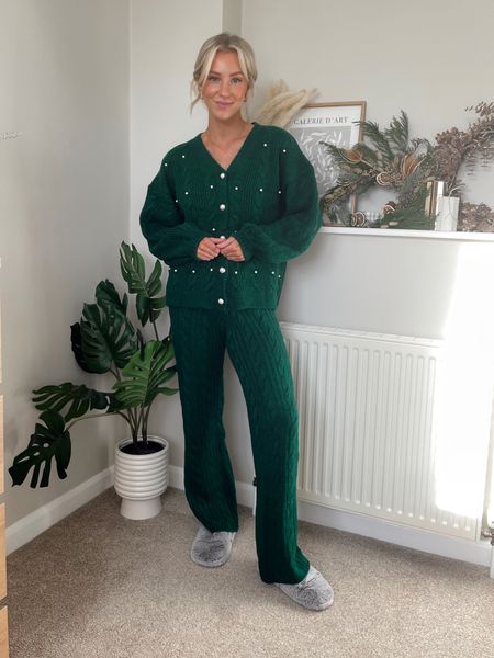 In the style x Stacey Solomon green knitted cardigan with pearls and green knitted wide leg trousers 

#LTKstyletip #LTKeurope #LTKSeasonal