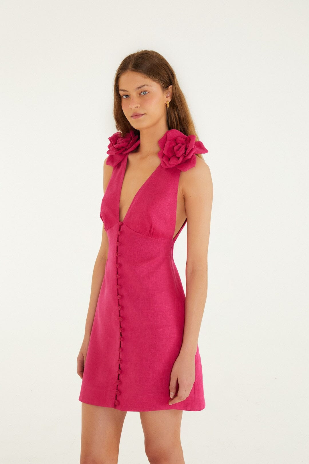 Pink 3d Flower Euroflax Premium Linen Mini Dress | FARM Rio | FarmRio (US)