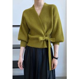 Self-Tie Bowknot Wrap Knit Top in Olive | Chicwish